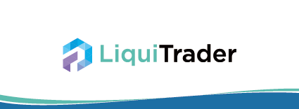 LiquiTrader logo - the text 'LiquiTrader' on top of a solid background. Next to the text is a colorful pentagon with one segment separated and turned. At the bottom is two overlapping wave-like blocks of color.